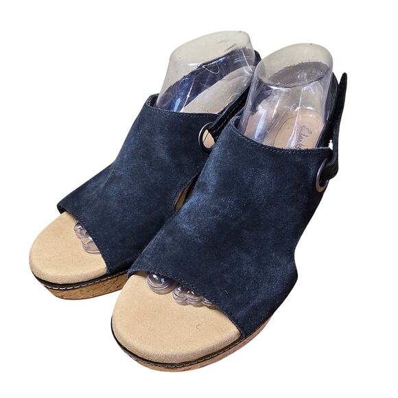 Clarks Women's Giselle Sea Nubuck Suede Wedge Sandals Cork Black 7.5 W Excellent - Picture 1 of 9